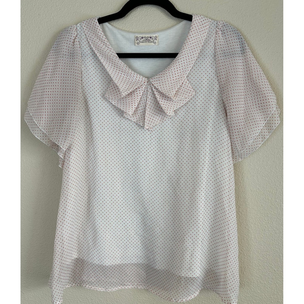 EUC Women's Retro Sheer Short Sleeve White Red Polka Dot Blouse With Bow Medium